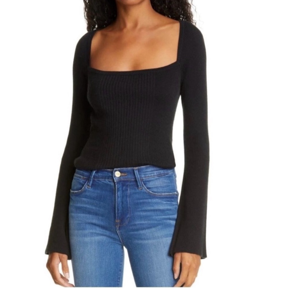 FRAME silk blend square neck bell sleeve black knit top size L